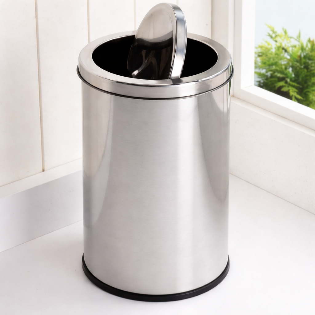 Shiny stainless steel trash can in daylight